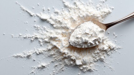 A close-up view of white powder scattered on a surface, ideal for culinary and baking purposes, representing the essence of cooking and the beauty of simple ingredients.