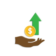Money icon. Currency increase. Hand with dollar coin and up arrow. paying, economy, money. Isometric design style.
