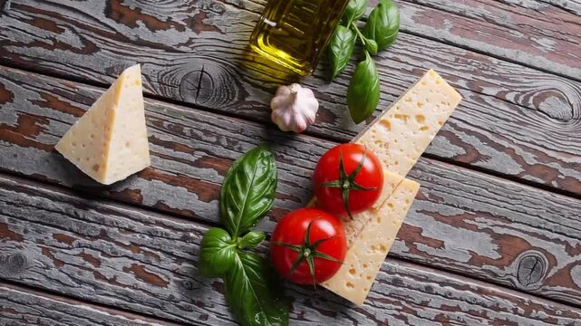 Stylish Overhead View Arrangement of Fresh Culinary Components on Aged Wooden Surface in Food Preparation Area