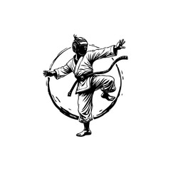 Focused martial artist performing a dynamic kick in a traditional black and white illustration