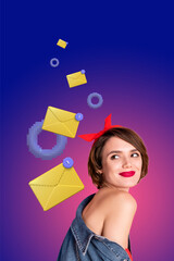 Vertical image art pop trend collage of happy girl guy stand bubble correspondence cv icon webpage...