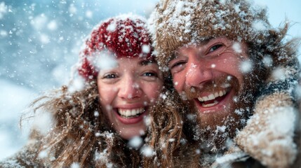 A happy couple with curly hair and a beard share a warm embrace amidst falling snowflakes, radiating love and joy as they savor a beautiful winter day together.