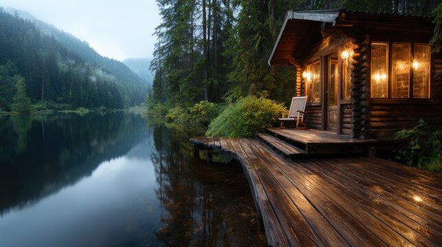 A charming log cabin nestled beside a tranquil lake, reflecting the soft glow of lights amidst the lush greenery, creating a perfect harmony with nature at dusk.