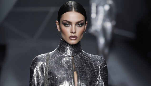 Futuristic runway model metallic silver makeup dramatic lighting sleek modern fashion