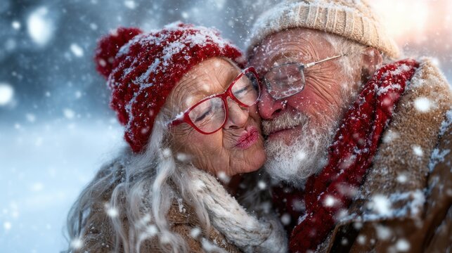 A heartwarming moment between an elderly couple sharing a joyful kiss in the snow, surrounded by a winter wonderland, encapsulating love and warmth in cold weather.