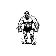 Illustrative depiction of a muscular male figure with prominent features and strong physique