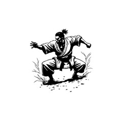 Intense martial artist in action exhibiting traditional stance reflecting discipline skill and