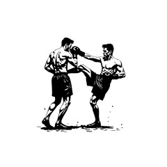 Intense martial arts showdown: two muscular fighters engaging in a powerful kickboxing battle