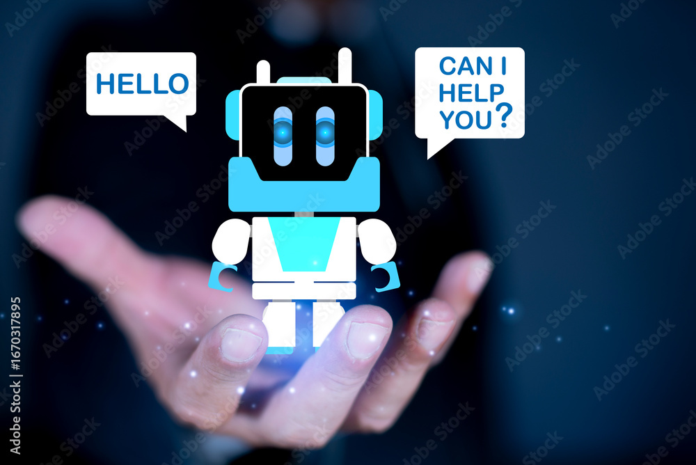 Poster chat bot say hello. greeting message from ai (artificial intelligence). person using a smartphone to