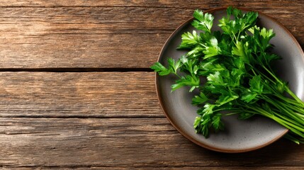 Lush green parsley arranged on a rustic wooden plate, highlighting the freshness and natural appeal of culinary herbs in a warm and inviting setting.