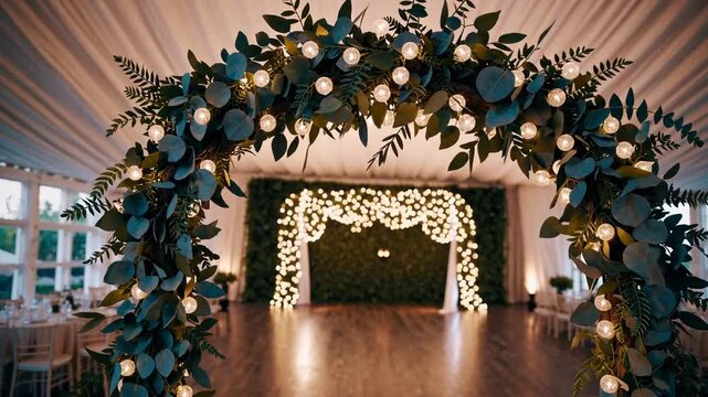 ceremonial structure adorned with foliage from eucalyptus plants and strands of illumination within canopy