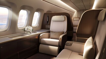 Luxurious First Class Travel Experience Backgrounds: Elegant Designs Showcasing Spacious Seats, Premium Amenity Kits, Fine Dining Platters, and Soft Ambient Lighting, Blended with Neutral Tones and So