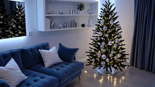 Three-Dimensionally Rendered of Contemporary Blue Living Room Interior Furnished with Holiday Tree, Sophisticated Sofa, and White Shelf with Decorative Objects