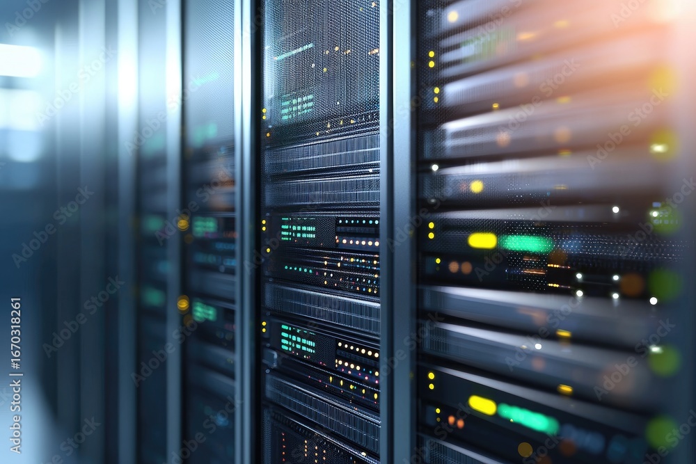 Poster modern data center with illuminated server racks and colorful indicator lights, ideal for showcasing