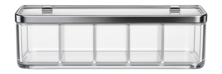 Clear plastic box with fixed compartments for storing office supplies on a desk.