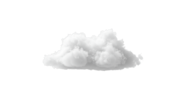 A pristine, perfectly formed, fluffy white cloud with subtle grey shading and textured edges, floating isolated against an infinite transparent seamless void, concept of clarity and purity