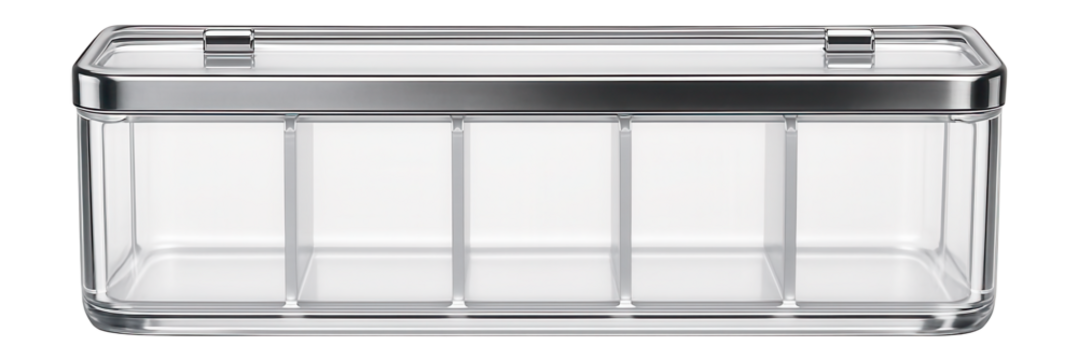 Clear plastic box with fixed compartments for storing office supplies on a desk.