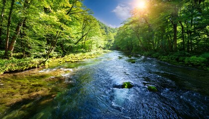 crystal clear river flows through lush green forest on a sunny day generative ai