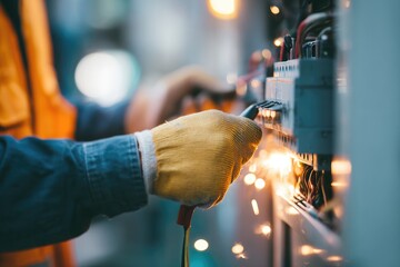 Hands working on electrical equipment, sparks flying, focused cr