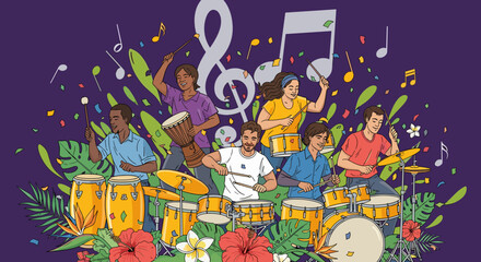 Joyful Drumming Celebration Featuring Diverse Musicians and Tropical Flora