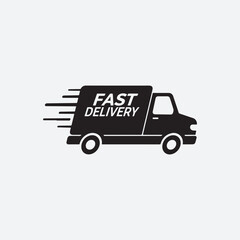 Black and White Fast Delivery Truck Icon for Express Shipping Services and Logistics Solutions Promoting Speed and Efficiency in Transportation