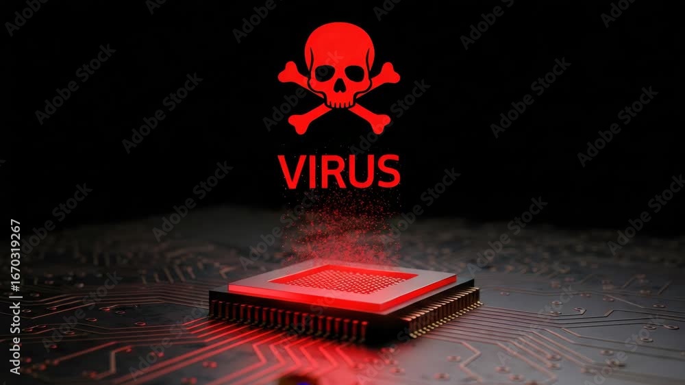 Poster a striking visual of a computer virus, symbolizing cyber threats and digital risks in the online wor