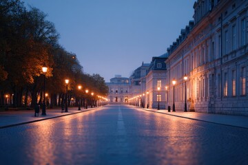 Quiet evening street illuminated by soft lights, reflecting calm