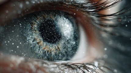 Close up of an eye with an overlay of network connections, symbolizing the integration of technology and human vision