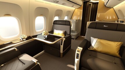 Fototapeta premium Luxurious First Class Travel Experience Backgrounds: Elegant Designs Showcasing Spacious Seats, Premium Amenity Kits, Fine Dining Platters, and Soft Ambient Lighting, Blended with Neutral Tones and So