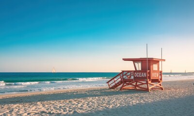 Obraz premium Red lifeguard stand on a sandy beach, ocean view