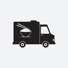Asian Food Truck Icon Delivering Delicious Cuisine Mobile Restaurant Business Concept Asian Restaurant on Wheels with Rice Bowl and Chopsticks Logo