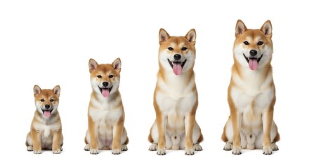 Shiba Inu Dogs of Varying Ages, Posed in a Row, Isolated on White