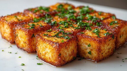 Delicious golden brown fried tofu cubes with fresh parsley presented on a clean white plate photo