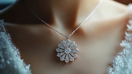 A close-up shot of a bride's neck adorned with a delicate necklace, emphasizing her elegant wedding attire.