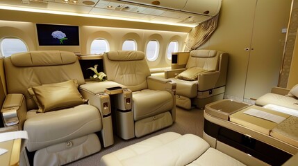 Fototapeta premium Luxurious First Class Travel Experience Backgrounds: Elegant Designs Showcasing Spacious Seats, Premium Amenity Kits, Fine Dining Platters, and Soft Ambient Lighting, Blended with Neutral Tones and So