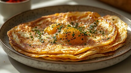 Delicious golden fried eggs over pancakes with fresh herbs served on a rustic plate photo