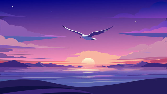 A lone seagull glides across soft violet twilight, ocean below shimmering with fading light. Its silhouette becomes a moving brushstroke against a sky dissolving into stars and endless mystery.