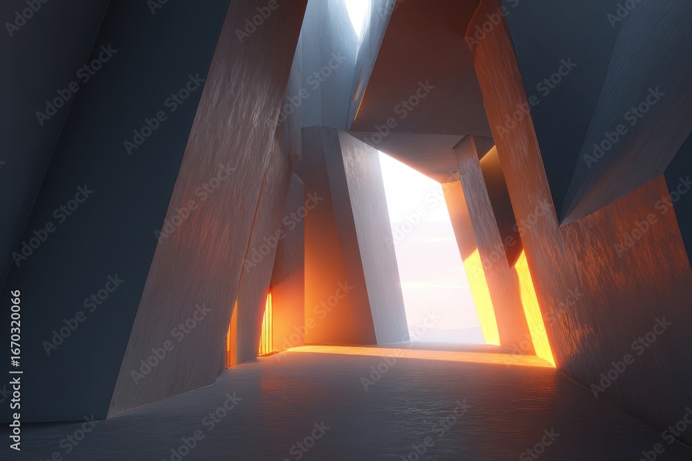 Aufkleber abstract concrete architecture with light shaft and angular walls, illuminated