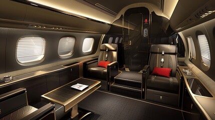 Fototapeta premium Luxurious First Class Travel Experience Backgrounds: Elegant Designs Showcasing Spacious Seats, Premium Amenity Kits, Fine Dining Platters, and Soft Ambient Lighting, Blended with Neutral Tones and So