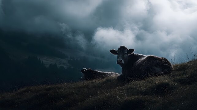 Cows resting on a hilltop under a cloudy sky in a serene landscape