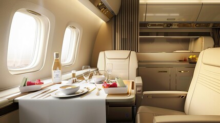 Fototapeta premium Luxurious First Class Travel Experience Backgrounds: Elegant Designs Showcasing Spacious Seats, Premium Amenity Kits, Fine Dining Platters, and Soft Ambient Lighting, Blended with Neutral Tones and So