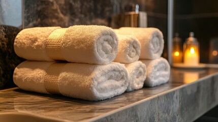Colorful folded towels stack on table empty copy space.