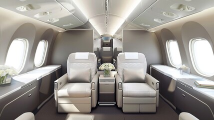 Luxurious First Class Travel Experience Backgrounds: Elegant Designs Showcasing Spacious Seats, Premium Amenity Kits, Fine Dining Platters, and Soft Ambient Lighting, Blended with Neutral Tones and So