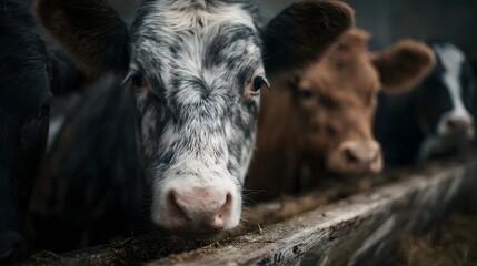 Fototapeta premium Cattle gathered around a feeding trough in a rural setting