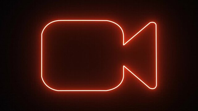 Glowing neon video camera icon ,video motion graphic animation on black background.  video icon isolated on black background. Animated camera icon 4k video