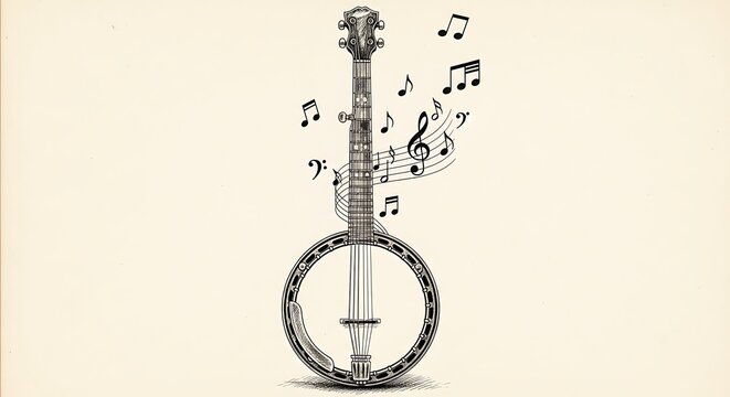 Banjo with musical notes