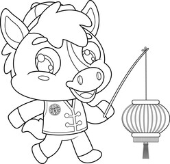 Cute Chinese New Year Horse Cartoon Character Holding Lantern While Walking – Black and White Vector Hand Drawn Illustration Isolated On Transparent Background