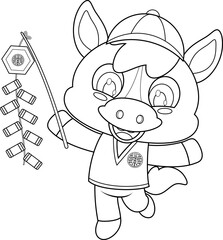 Cute Chinese New Year Horse Cartoon Character Holding Firecrackers And Jumping – Black and White Vector Hand Drawn Illustration Isolated On Transparent Background