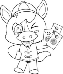Cute Chinese New Year Horse Cartoon Character Holding Envelopes – Black and White Vector Hand Drawn Illustration Isolated On Transparent Background