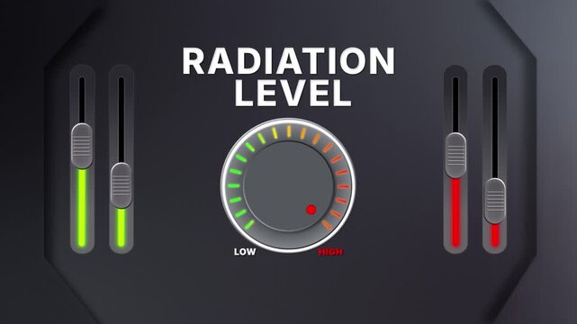 Animation of Radiation level on a circular gauge moving from low to high and back. Can be used to show increase or decrease. Perfect for safety, health, or environment visuals.